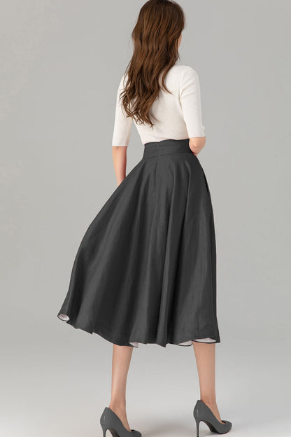 Grey Linen Midi Skirt - High Waist Flared Circle Swing | Xiaolizi 5728