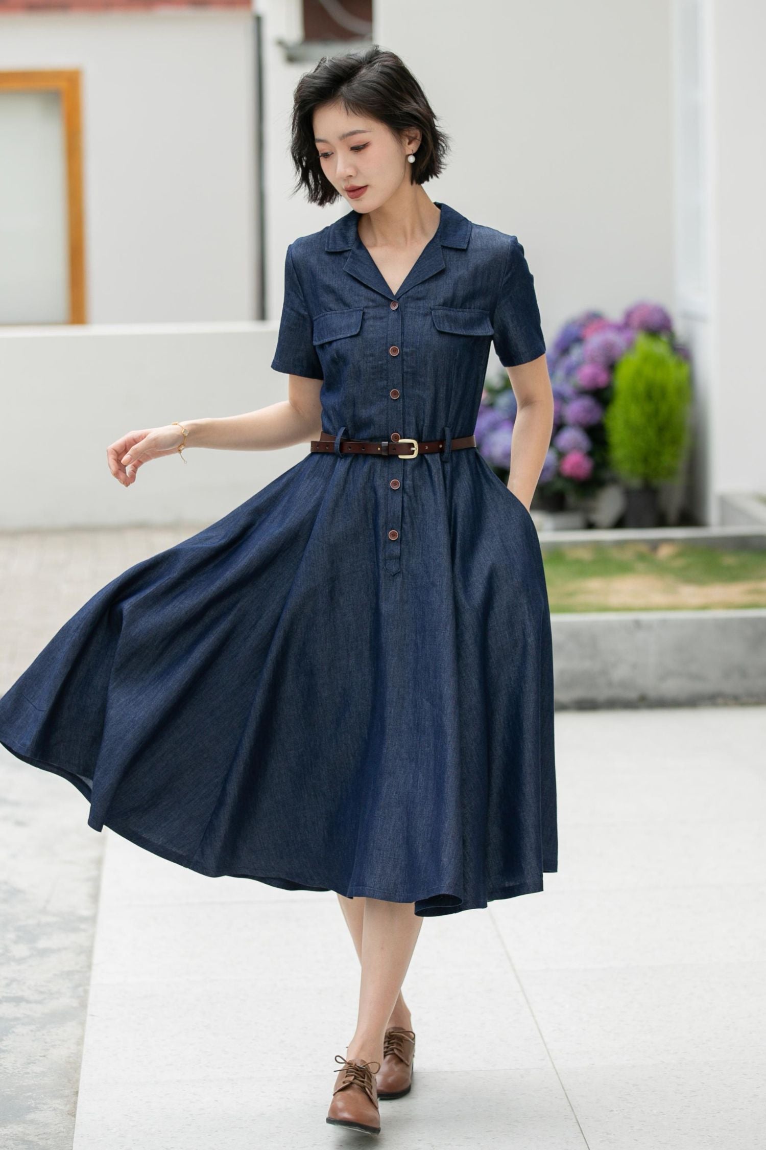 Vintage Blue Shirt Dress – Short Sleeve Belted Midi Dress 5989 – Xiaolizi Vintage Blue Shirt Dress – Short Sleeve Belted Midi Dress 5989 – Xiaolizi