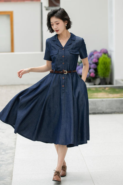 Women’s Tencel Blend Shirt Dress – Retro Button Up Midi Dress 5989