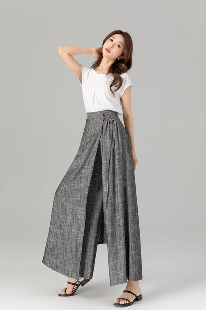 Gray Linen Cotton Wide Leg Wrap Pants - Asymmetrical Ankle | Xiaolizi 4938