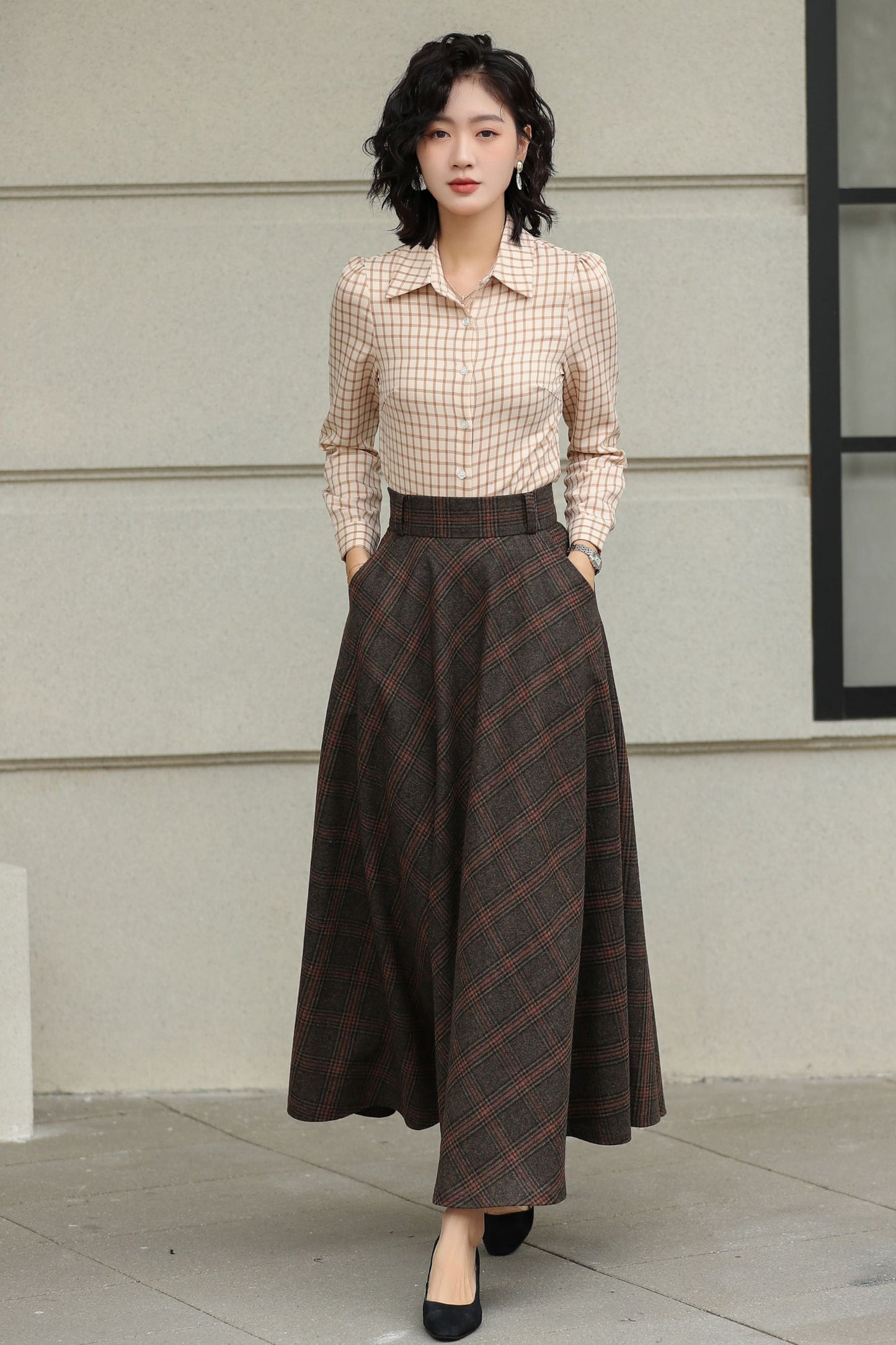 Handmade Dark Brown Plaid Wool Maxi Skirt – High Waist A-line Winter Elegance 6424
