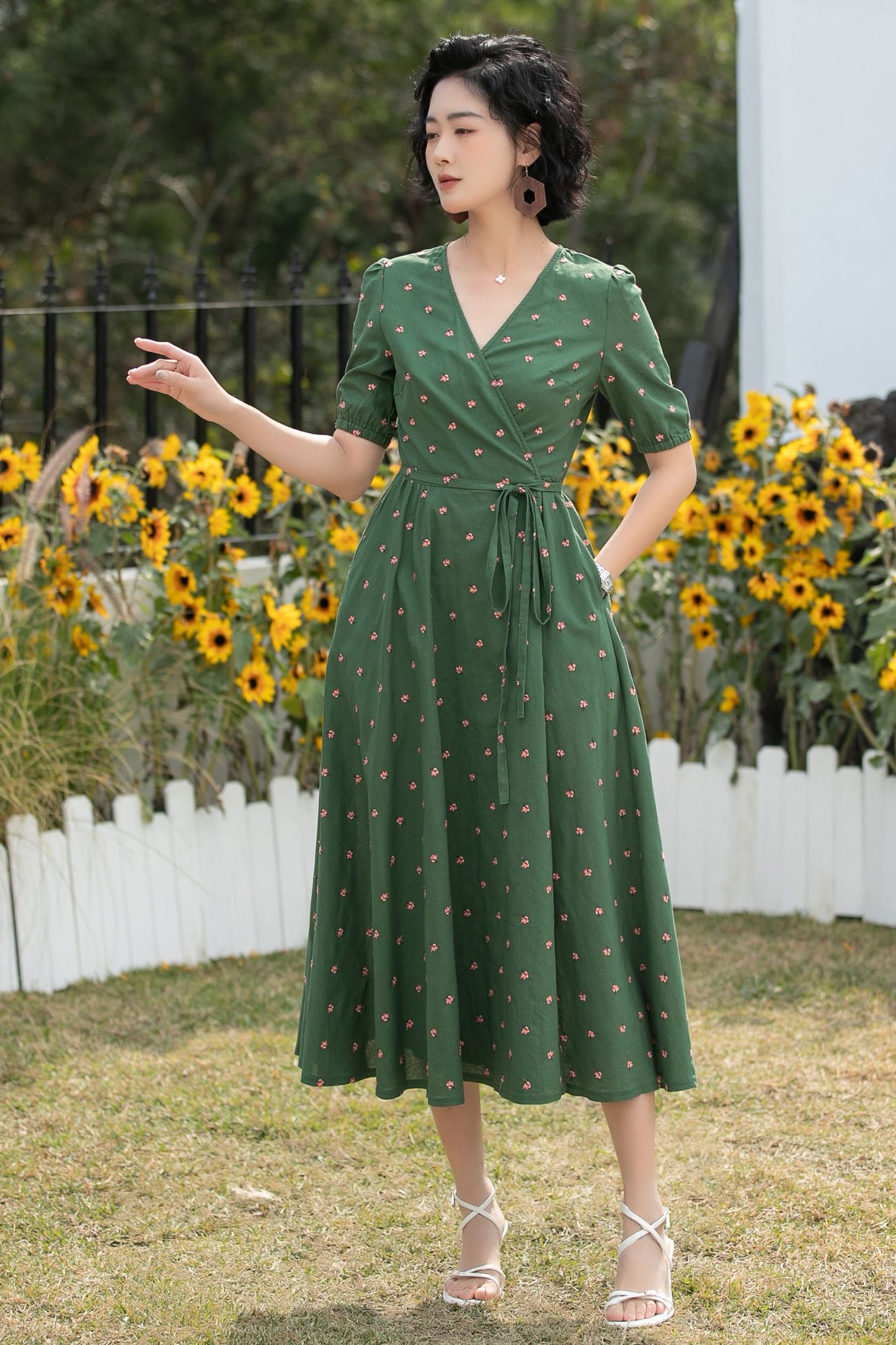 Xiaolizi Green Linen Midi Dress – Vintage Wrap Puff Sleeve Summer Dress 6689 -Size XS #CK2600175