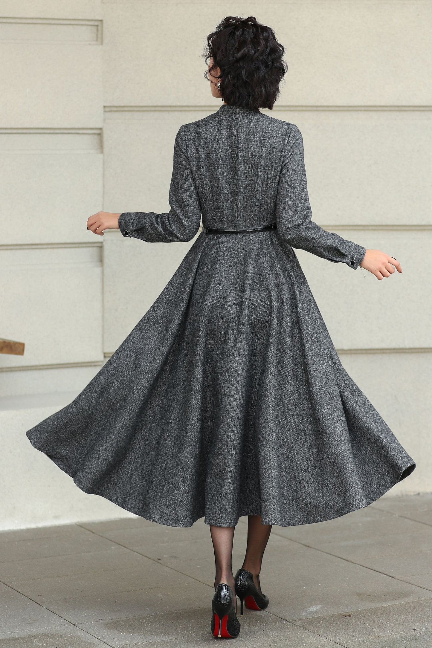 Wool A-Line Midi Gray Belted Vintage Style Dress 6508
