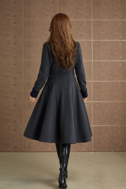 Charcoal Wool Fit and Flare Coat - Elegant Lapel Collar 5366