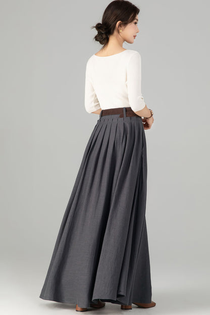 Dark Grey Linen Cotton Maxi Skirt - Pleated Waist with Side Pockets 5701