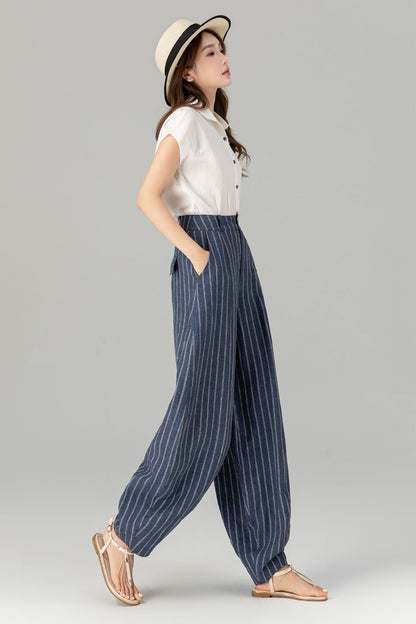 Plus size blue striple long linen pants 4939