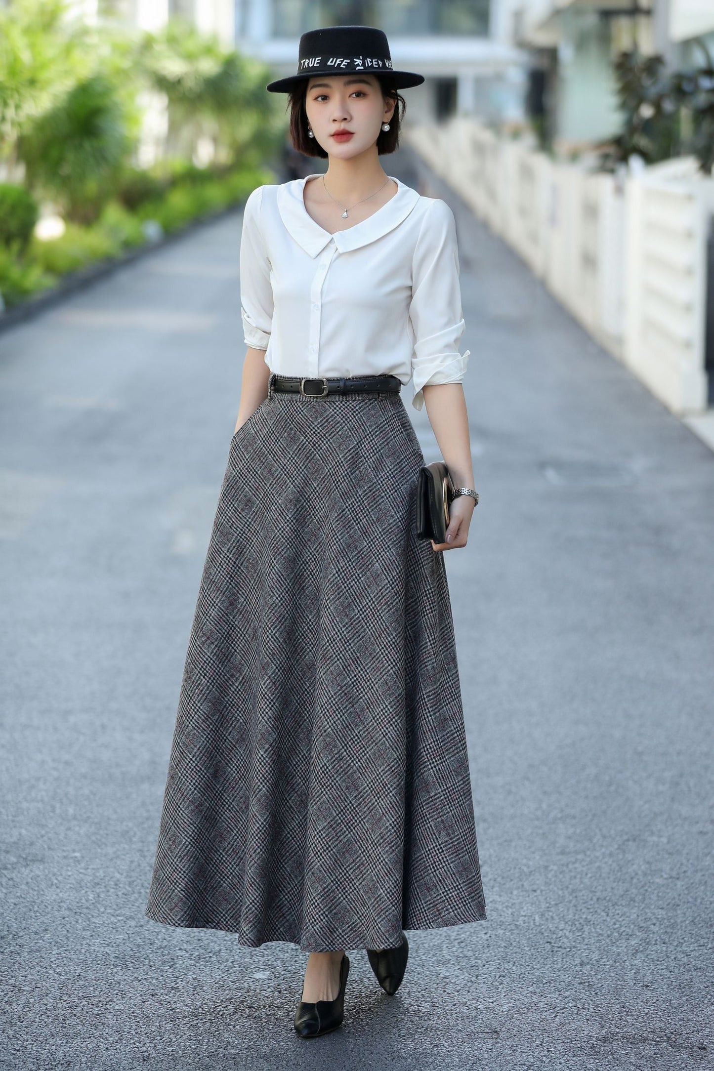 Gray Plaid Wool Maxi Skirt – Vintage High Waist Winter Skirt with Pockets 3106
