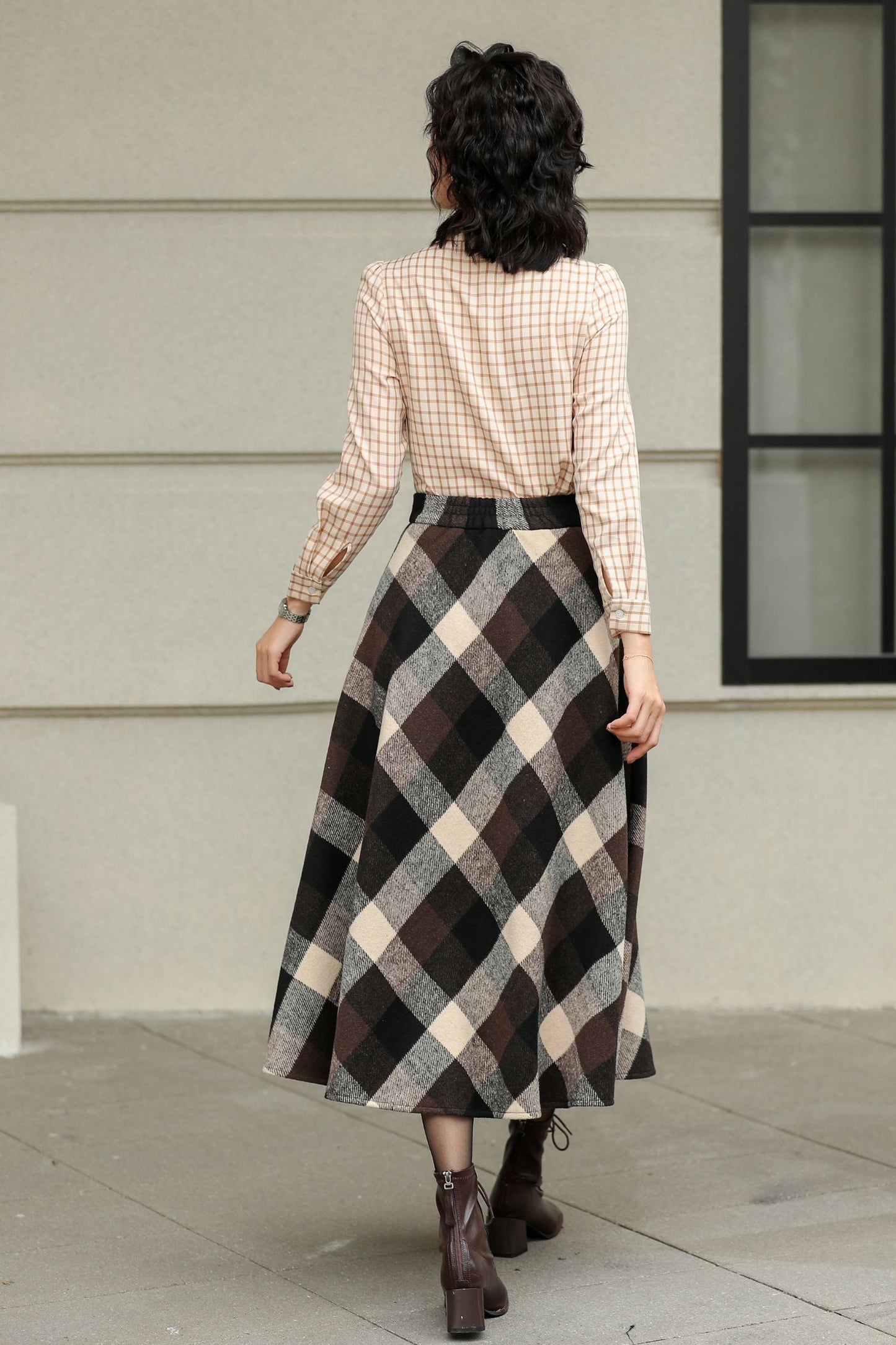 Brown Plaid Wool Midi Skirt – High Waist A-Line Winter Skirt with Pockets 6421