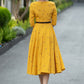 Yellow Linen Cotton Midi Dress – Vintage Fit & Flare with Pockets 6668