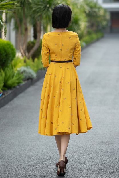Yellow Linen Cotton Midi Dress – Vintage Fit & Flare with Pockets 6668 -Size XS #CK2600011
