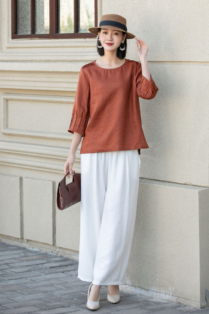 Orange loose fitting linen blouse 4902
