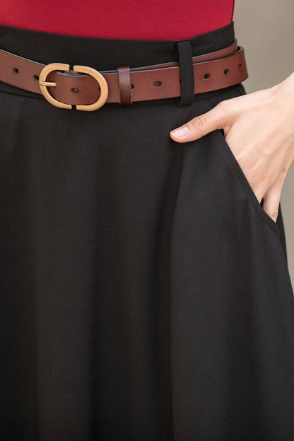 Black A Line Maxi  Linen Skirt with Pockets  2779