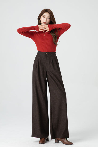 Wide leg long winter wool pants women 5318