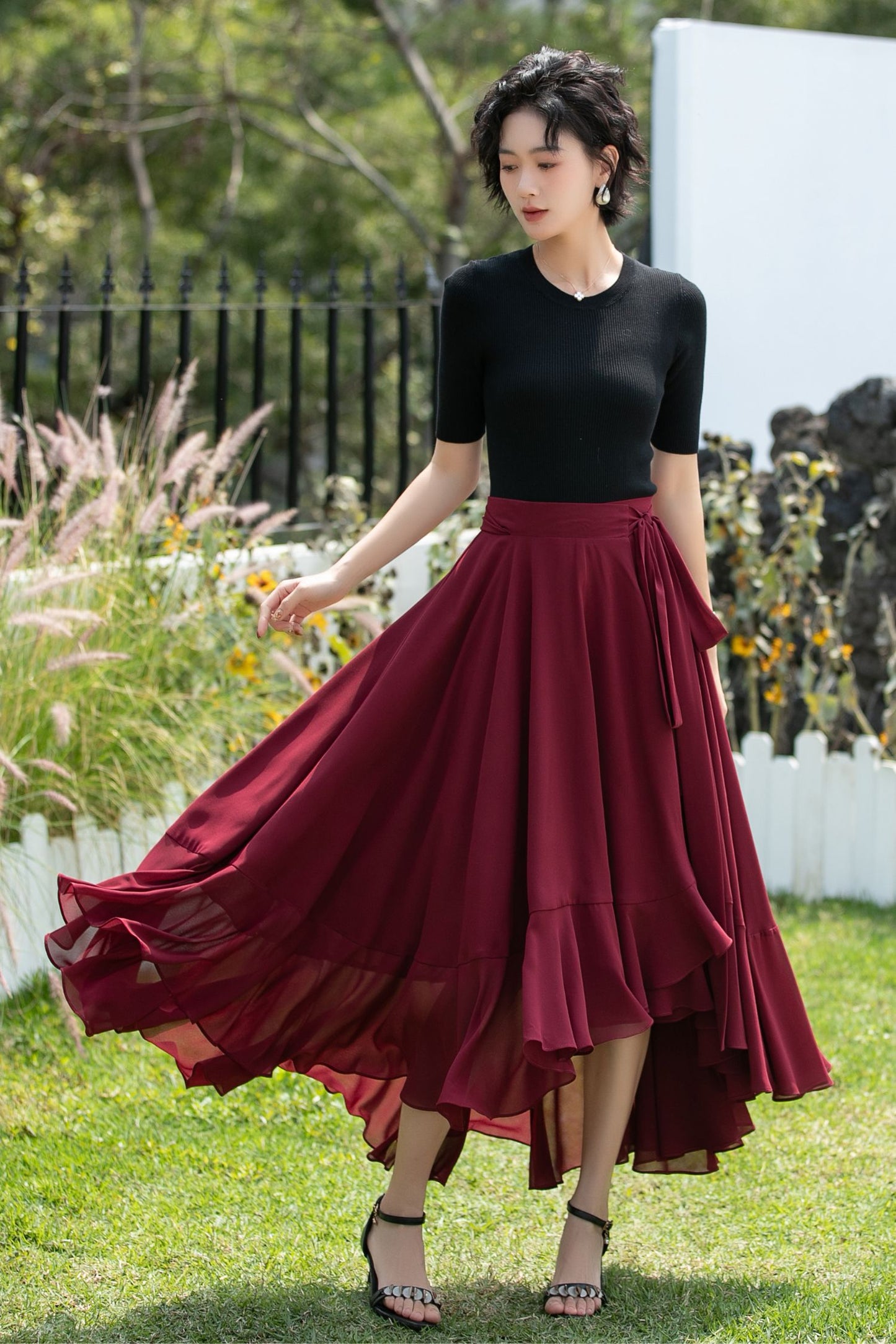 Chiffon Wrap Midi Skirt with Asymmetric Ruffle Hem | Xiaolizi 6742