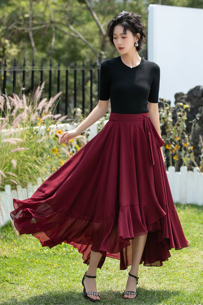 Chiffon Wrap Midi Skirt with Asymmetric Ruffle Hem | Xiaolizi 6742