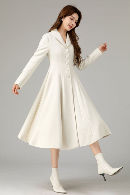 Vintage White Wool Coat – Handmade Fit & Flare Winter Elegance 5485