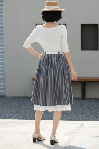 Xiaolizi Striped Linen Midi Skirt – Handmade High Waisted A-Line Summer Skirt 6686