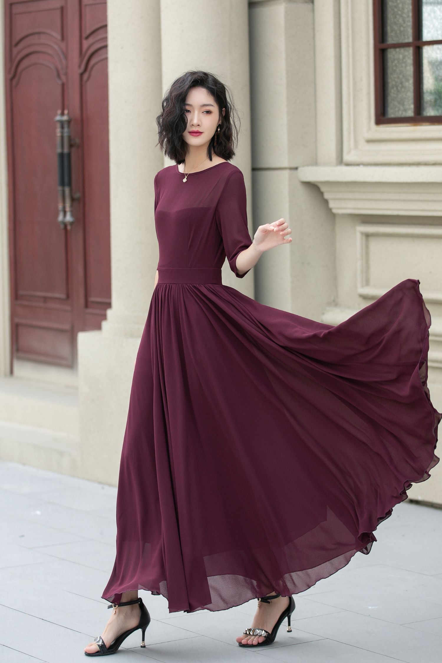 Burgundy Chiffon Fit & Flare Dress - Boat Neck Half Sleeve | Xiaolizi 5113 - Burgundy / XS Burgundy Chiffon Fit & Flare Dress - Boat Neck Half Sleeve | Xiaolizi 5113 - Burgundy / XS
