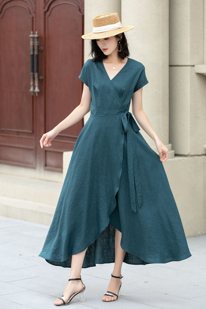 Short sleeve Green Linen Wrap dress 5142