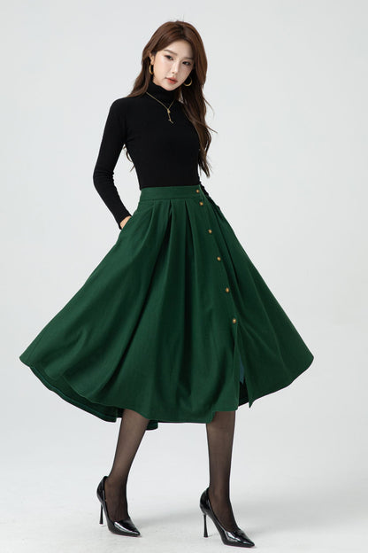 Button front green midi wool skirt 5322