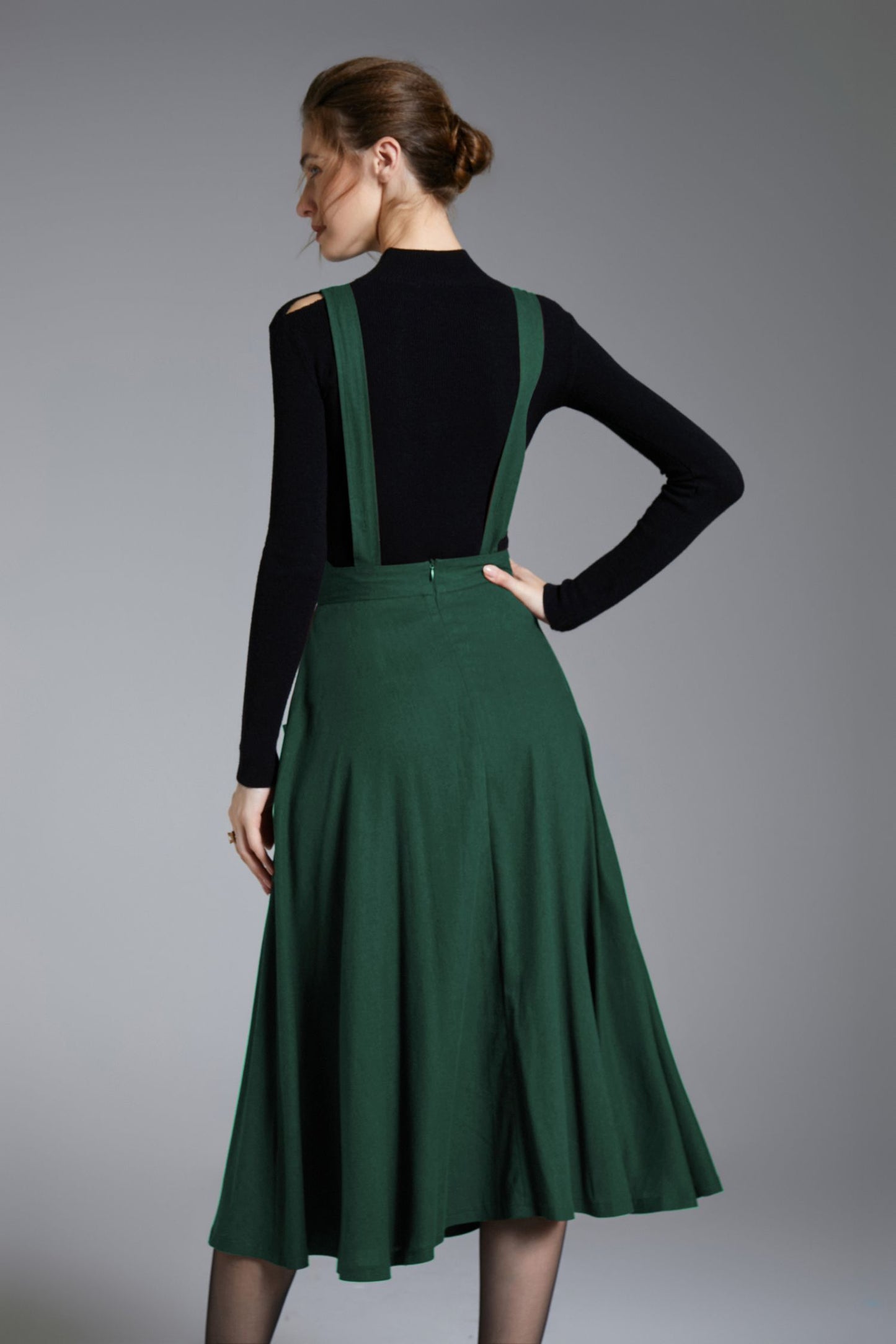 Green Linen Pinafore Dress – Handmade Midi Apron Dress 6673