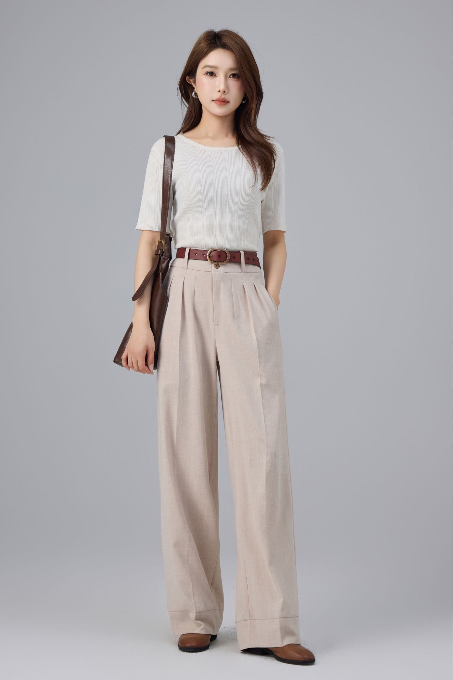 Beige Polyester Wide Leg Pants - High Waist Pleated | Xiaolizi 6761