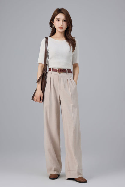 Beige Polyester Wide Leg Pants - High Waist Pleated | Xiaolizi 6761