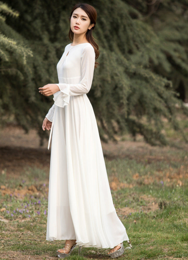 White Chiffon Maxi Dress with Flared Skirt and Keyhole Neckline