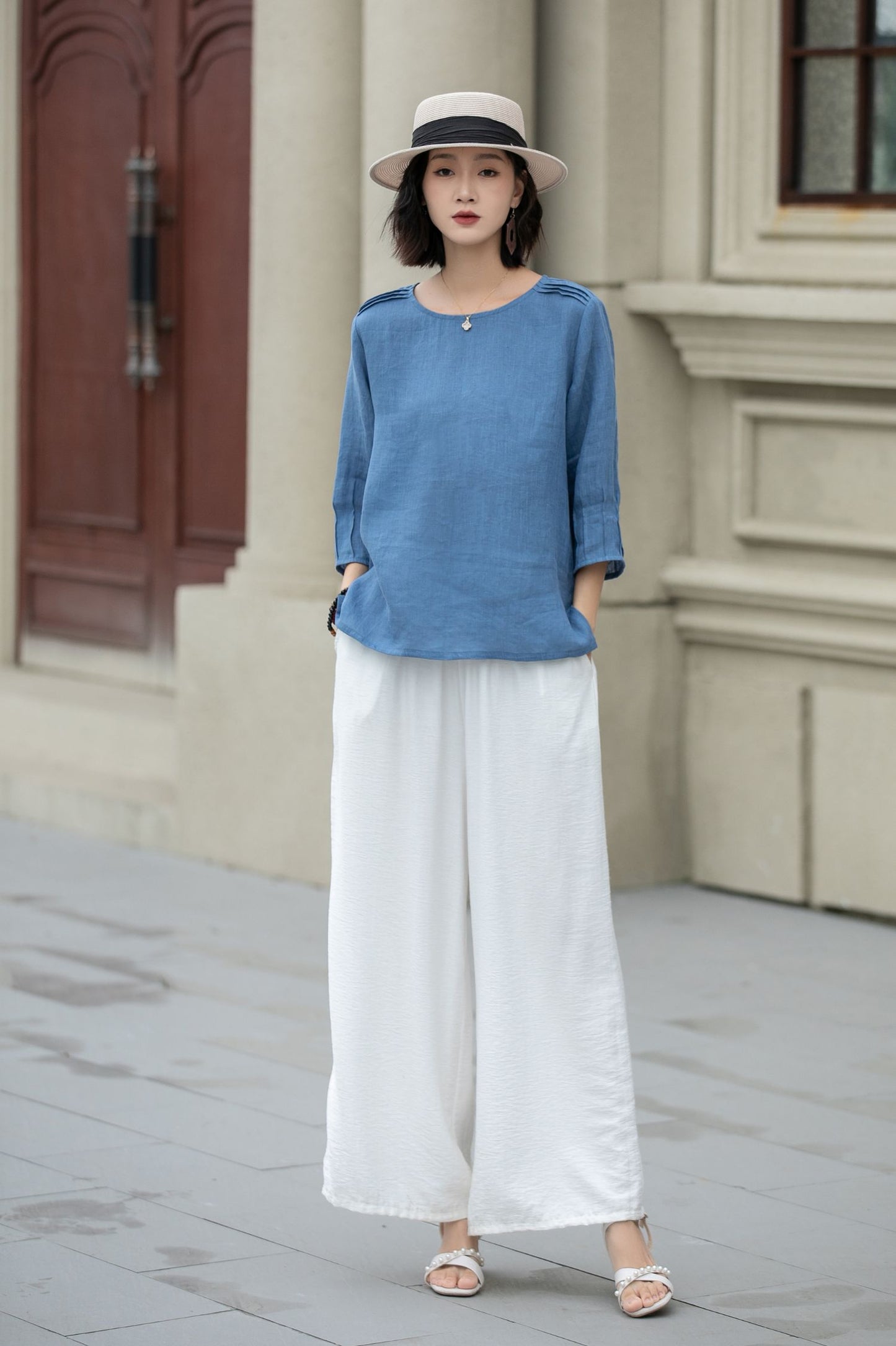 Blue summer linen top blouse 5221