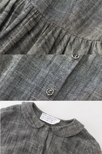 Gray Linen & Cotton A-Line Midi Dress - Button-Up with Waist Belt 5710
