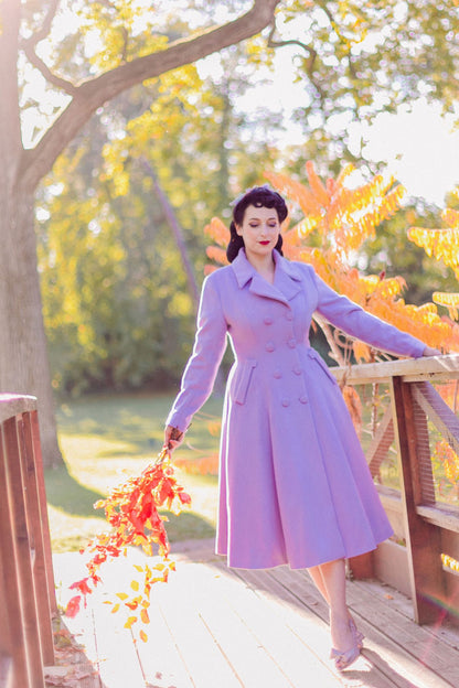 Purple Wool Long Coat - Double Breasted Fit and Flare Silhouette 3256