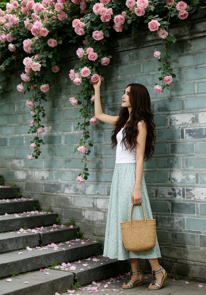 Handmade Floral Linen Cotton Skirt – Green Maxi Summer Skirt with Pockets | Xiaolizi 6784
