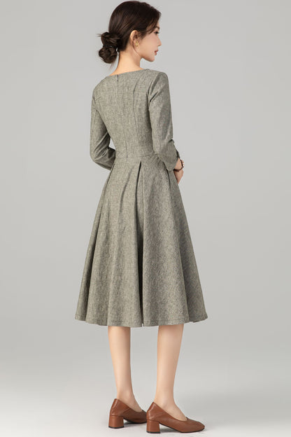 Army Green Linen Cotton Midi Dress - Vintage A-Line Silhouette 5706