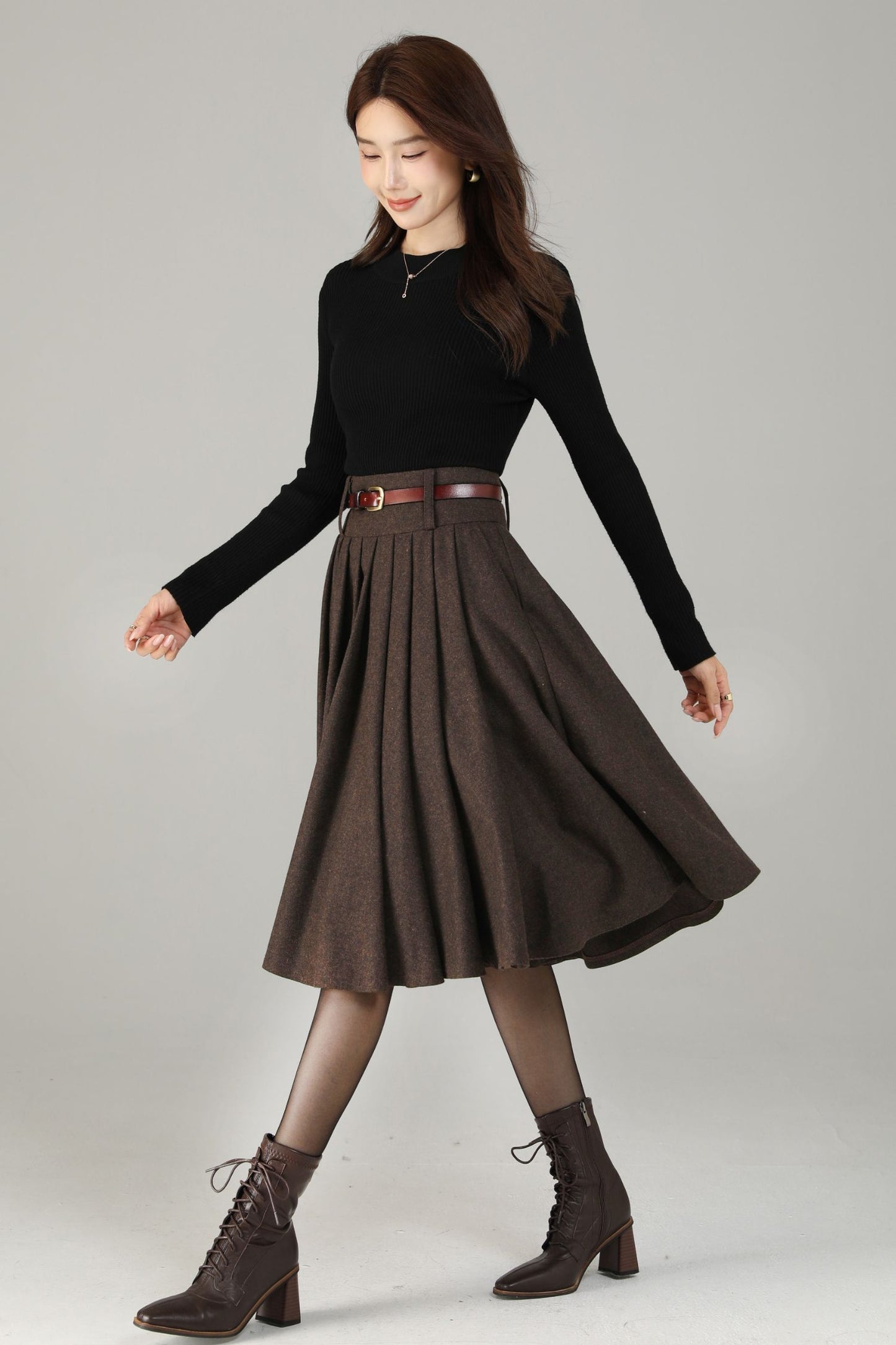 Vintage Wool Blend Circle Skirt – Handmade Knee Length Winter Skirt with Pockets | Xiaolizi 6499