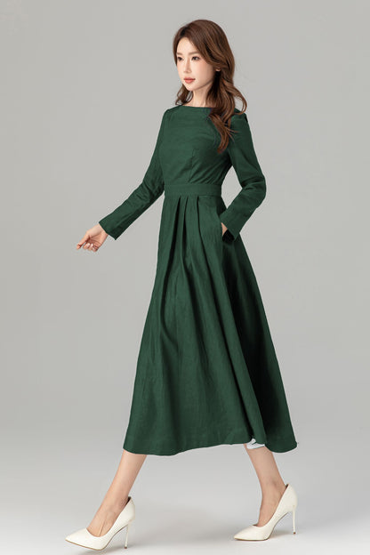 Emerald Green Linen Midi Dress - Fit Flare Pockets | Xiaolizi 5763