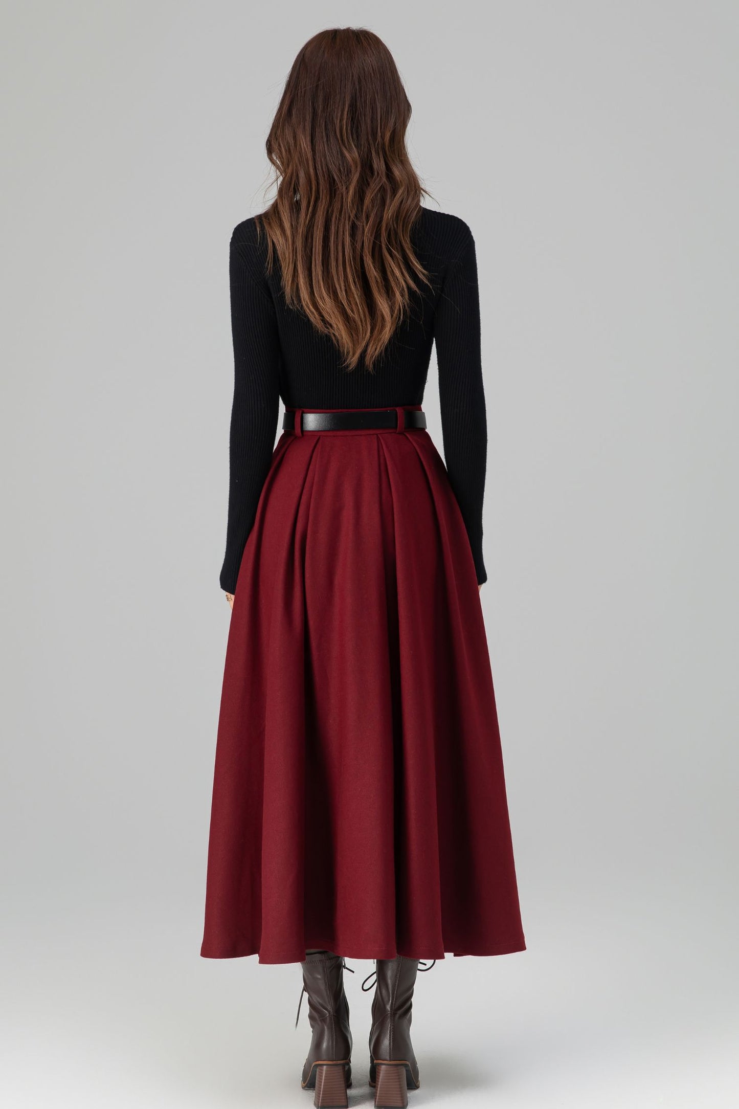 Burgundy Wool Midi Skirt – Vintage Button Front High Waisted Winter Skirt with Pockets 6395