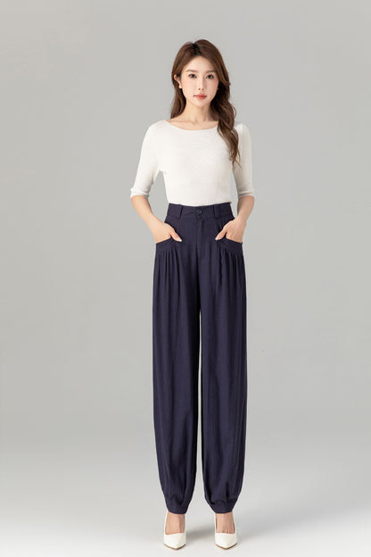 Navy Linen Wide Leg Pants - Loose Fit with Lantern Silhouette 4937