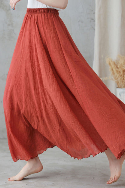 Bohemian Rust Red Linen Maxi Skirt – High-Waist Swing Hem – 2744