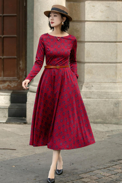 Xiaolizi Stretch Floral Belted Midi Dress – Long Sleeve with Pockets 5687 -XS #CK2500041