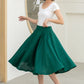 Classic Dark Green Linen Midi Skirt – High-Waisted A-Line Flare – 5834