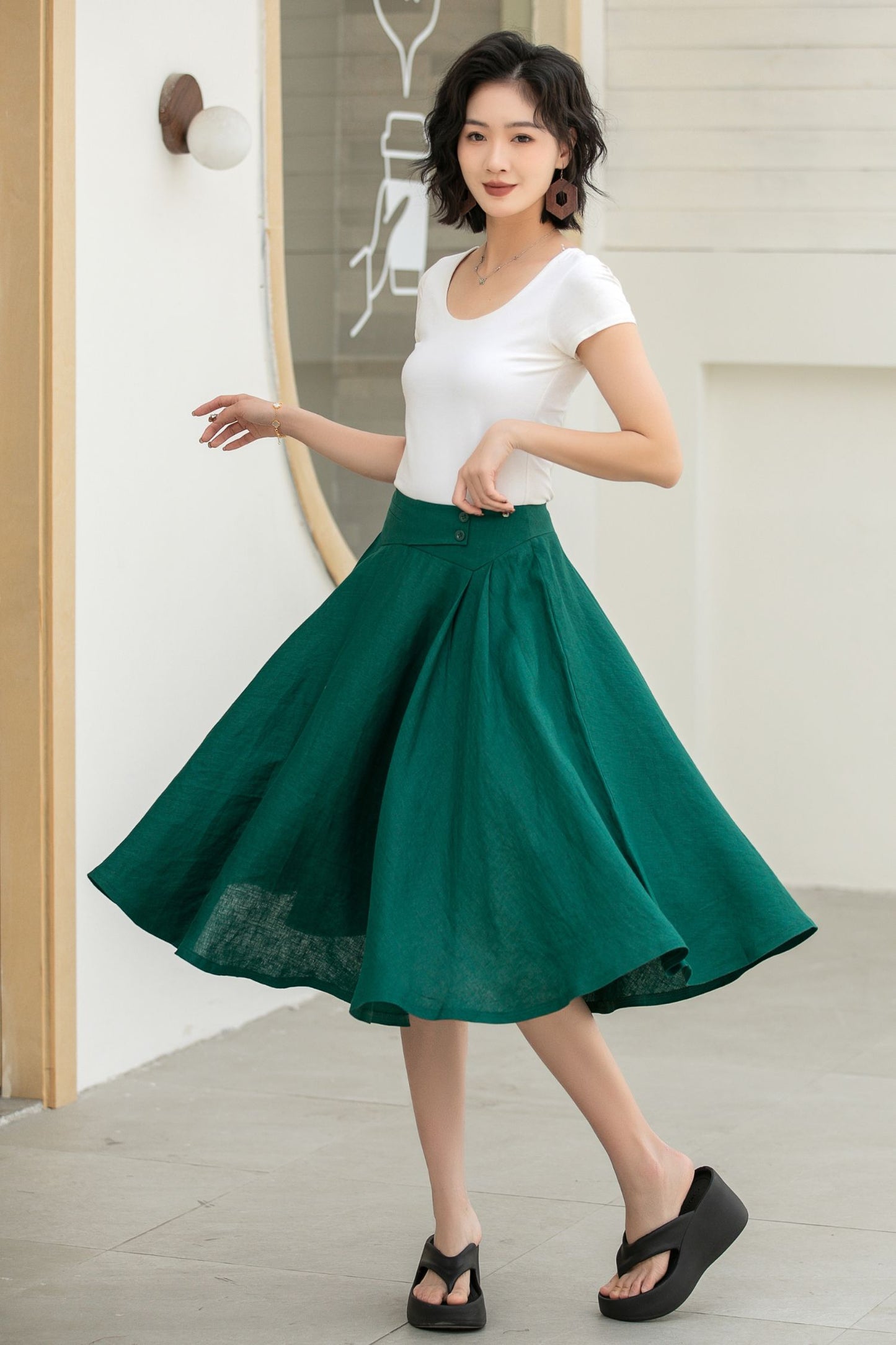 Classic Dark Green Linen Midi Skirt – High-Waisted A-Line Flare – 5834