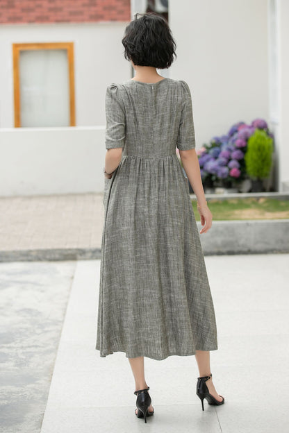 Gray Linen Cotton Midi Dress - Square Neckline with Puff Sleeves 5984