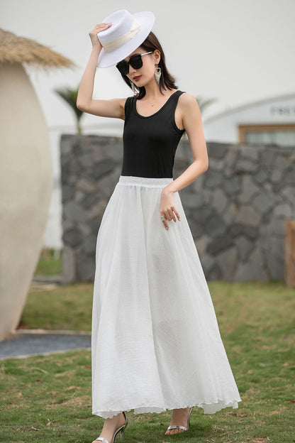 Boho Elastic Waist Pleated Maxi White Skirts 2718