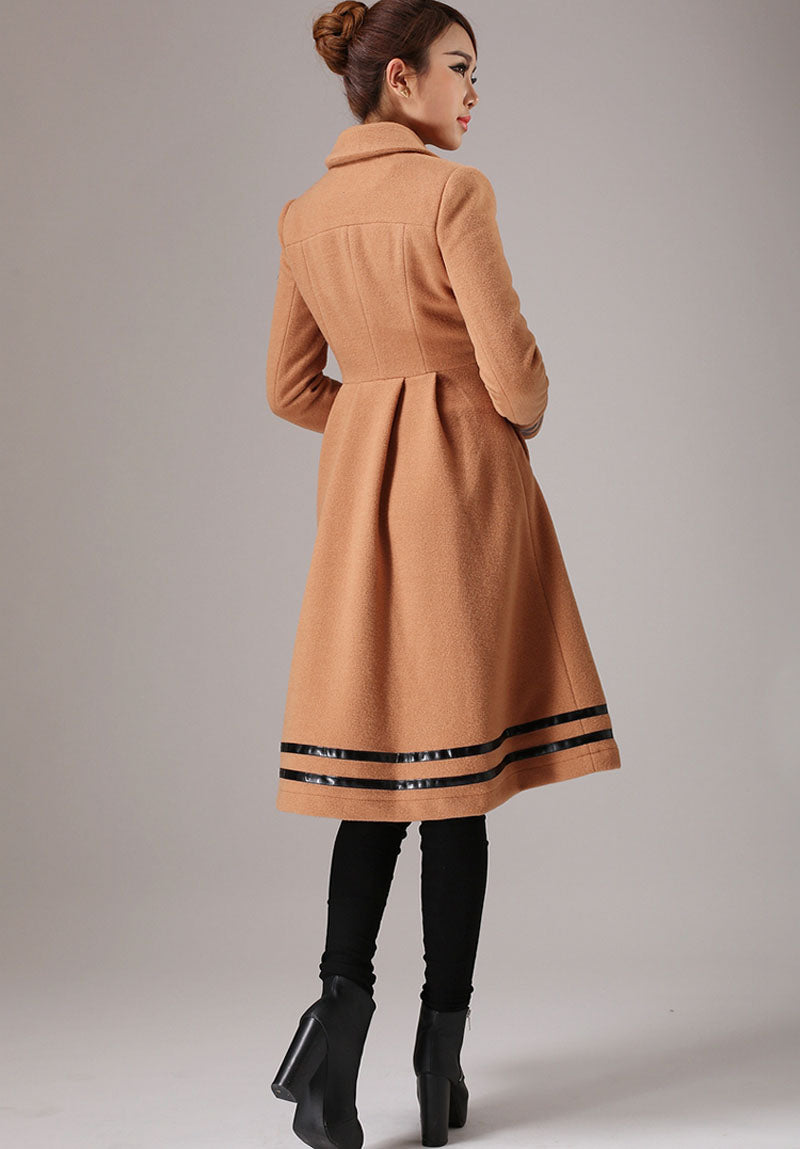 Handmade Camel Wool Blend Coat – Vintage Drop Hem Winter Overcoat with Black Trim | Xiaolizi 0757