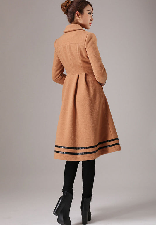 Handmade Camel Wool Blend Coat – Vintage Drop Hem Winter Overcoat with Black Trim | Xiaolizi 0757