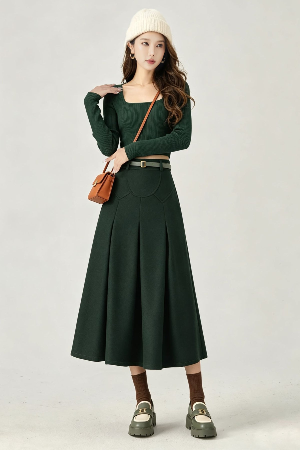 Vintage Dark Green Wool Swing Midi Skirt - High Waist A-Line Skirt 7014