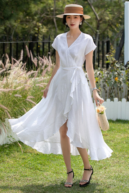 White Linen Wrap Dress - V-Neck Ruffle Hem | Xiaolizi 6743