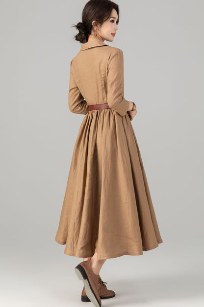 Khaki Linen Midi Shirt Dress - Pleated Fit and Flare Elegance 5707