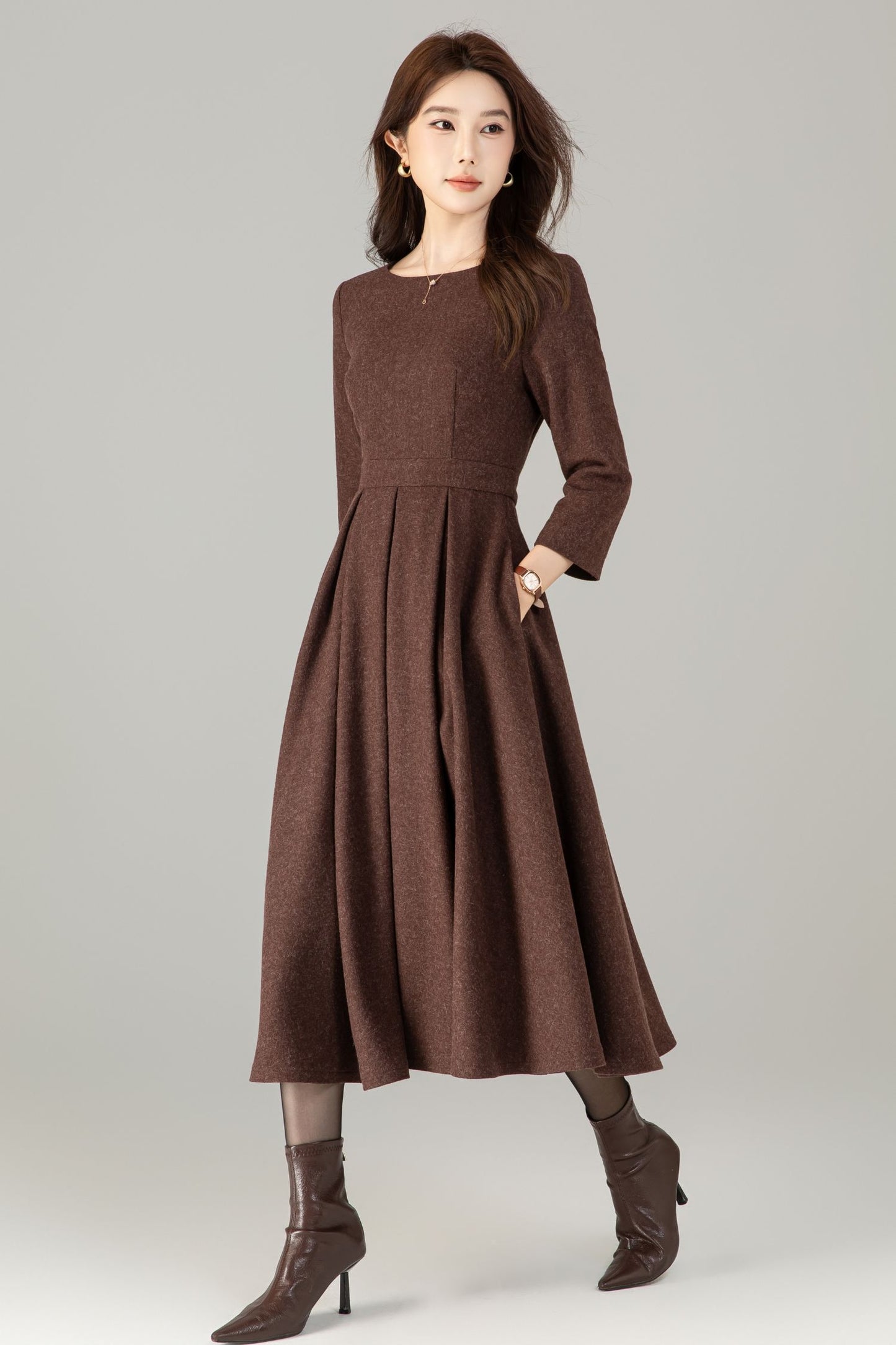 Vintage Wool Blend Midi Dress – Handmade Fit and Flare Winter Dress with Pockets | Xiaolizi 6495