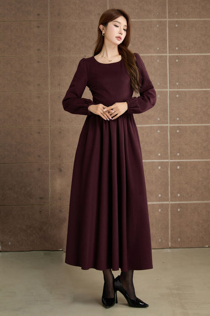 Burgundy Wool Maxi Dress – Elegant Vintage Long Sleeve Winter Dress with Pockets 5359